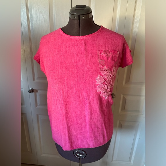 Hot pink linen blend top with silver metallic thread edging - Picture 1 of 9